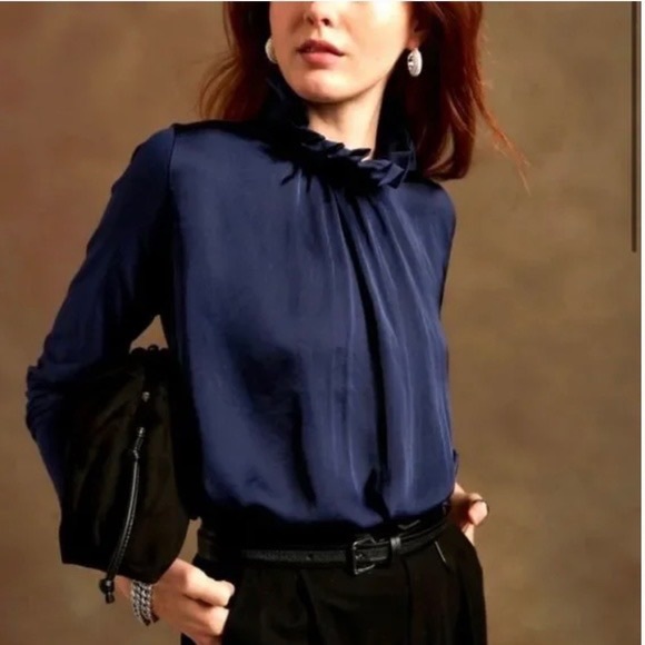 NWT Banana Republic Mixed Media Ruffle Mock Neck Top in Blue! - Picture 1 of 5